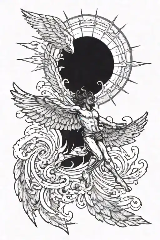 A sketch style tattoo of Icarus flying too close to the sun, with his wings melting and feathers falling tattoo design idea