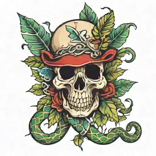 Skull with leaves and bones and snake wrapped tattoo design idea