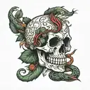 Skull with leaves and bones and snake wrapped tattoo design idea