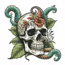 Skull with leaves and bones and snake wrapped tattoo design idea
