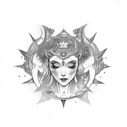 A cosmic goddess with a white background, surrounded by zodiac signs and tarot symbols tattoo design idea