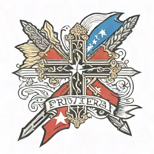 a cross with a Filipino flag in middle and a banner saying Privitera tattoo design idea