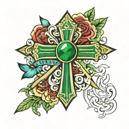 a cross with a emerald in the middle and a banner saying Privitera tattoo design idea