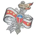 a cross with a Filipino flag in middle and a banner saying Privitera tattoo design idea