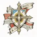 a cross with a Filipino flag in middle and a banner saying Privitera tattoo design idea
