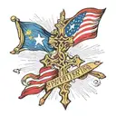 a cross with a Filipino flag in middle and a banner saying Privitera tattoo design idea