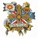 a cross with a Filipino flag in middle and a banner saying Privitera tattoo design idea