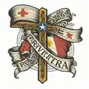 a cross with a Filipino flag in middle and a banner saying Privitera tattoo design idea