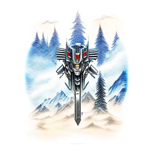 Combine your love for hiking and nature with your favorite Transformers character, Optimus Prime, in a scenic mountain landscape. tattoo design idea