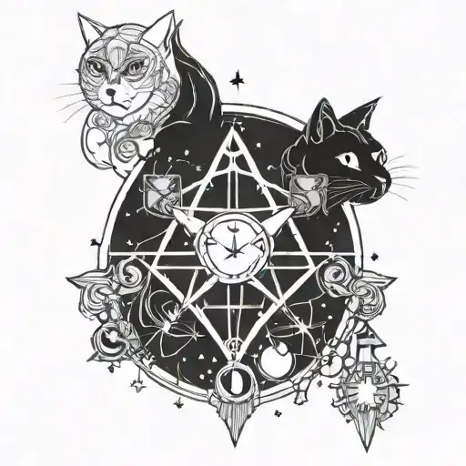 Sailor Moon inspired witchcraft symbol incorporating crystals and cats tattoo design idea