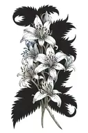 black and white lily, lupine, aster, large bluet, fern, blue eyed grass, buttercups, sulfer cinquefoil tattoo design idea