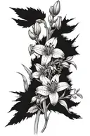black and white lily, lupine, aster, large bluet, fern, blue eyed grass, buttercups, sulfer cinquefoil tattoo design idea