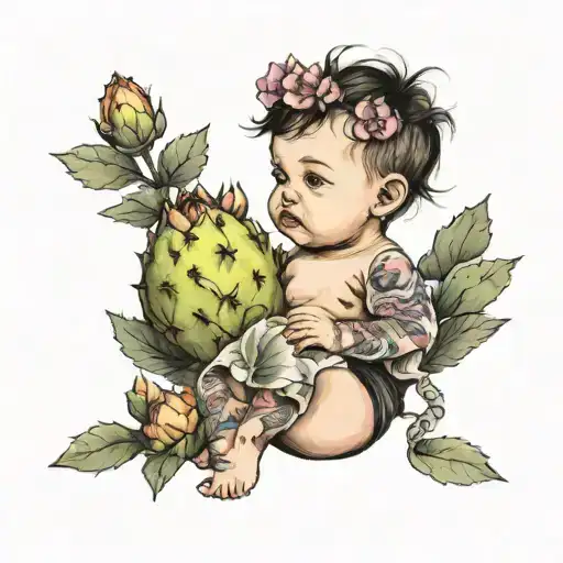 baby girl sitting in a prickly pear can tattoo design idea