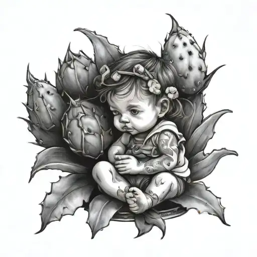 baby girl sitting in a prickly pear can tattoo design idea