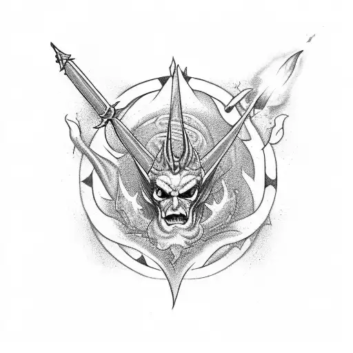 full sleeve, bottom the devil in a human form and a trident and his acolytes, and the top a bright light representing Go tattoo design idea