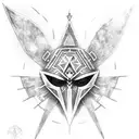 Midna's mask from the game of Zelda Twilight Princess along with a Triforce logo pierced by the master sword tattoo design idea