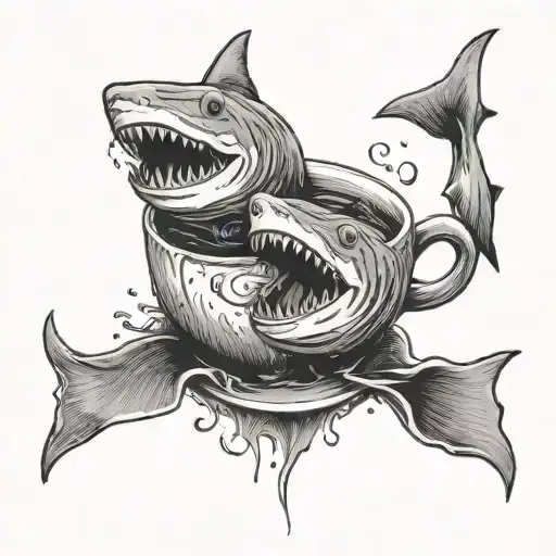 two sharks swimming in a circle in an espresso cup  tattoo design idea