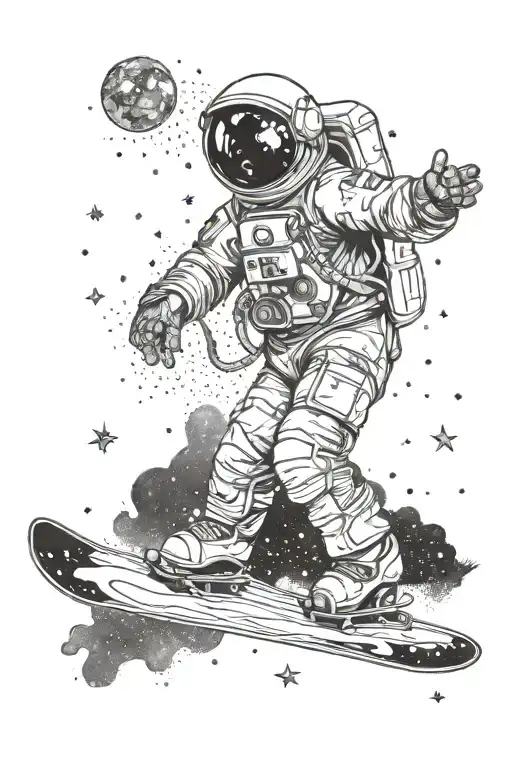 An astronaut snowboarding in space with the galaxy as his background. He sprays stars and stardust with his board  tattoo design idea
