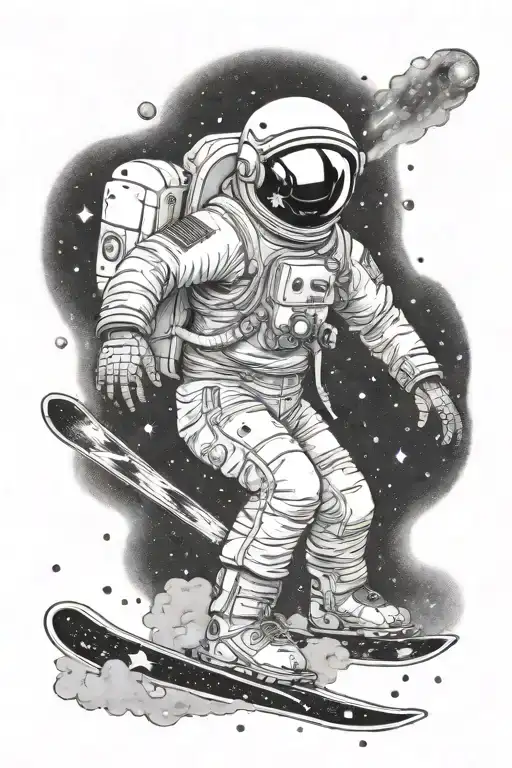 An astronaut snowboarding in space with the galaxy as his background. He sprays stars and stardust with his board  tattoo design idea