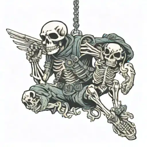 skeleton soldier holding dog tags hanging tattoo design idea