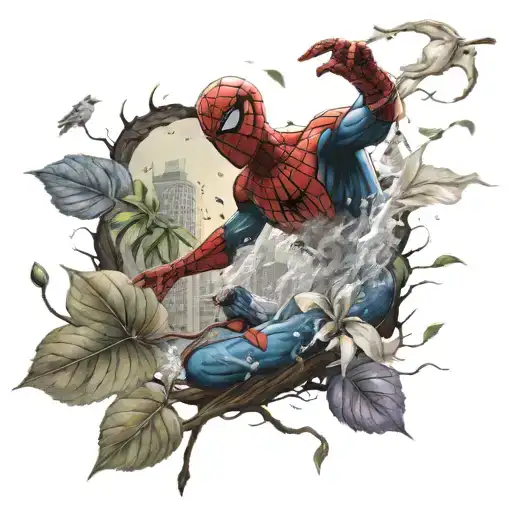 Tree, Wind Gushes, Birds, Spider-Man, Petals, Leaves falling  tattoo design idea
