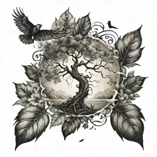 Tree, Wind Gushes, Birds, Spider logo symbol, Petals, Leaves falling  tattoo design idea