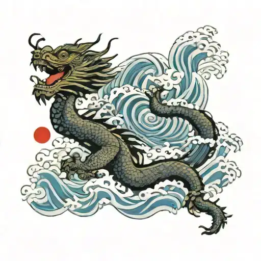 Dragon and Fu Lion and Some waves and japanese things  tattoo design idea