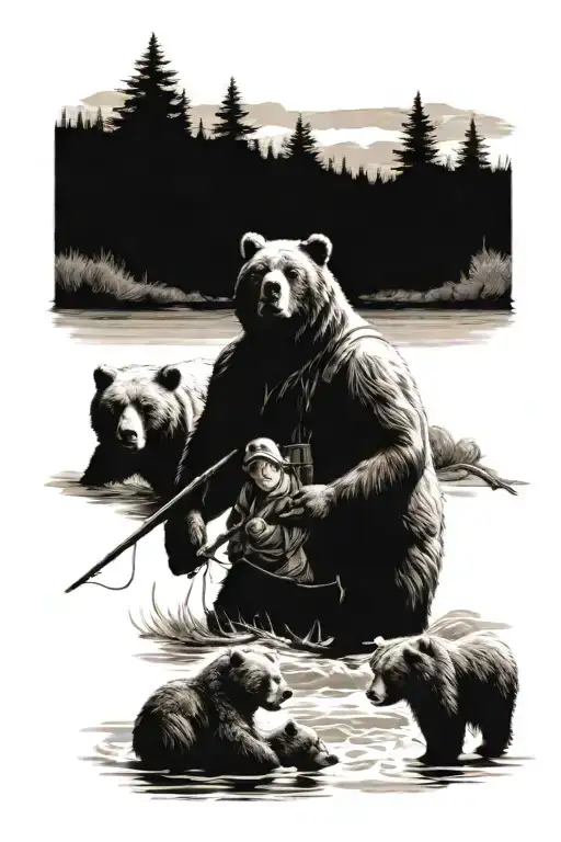 man fishing in a river with a mamma bear and two baby bears in the background tattoo design idea
