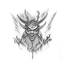 A devil playing with fire in a dark and mysterious forest tattoo design idea