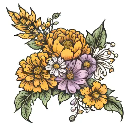 marigold and cosmos flower bouquet tattoo design idea