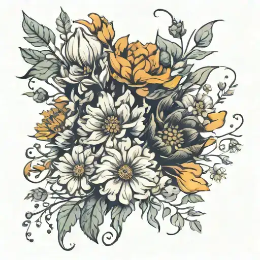 marigold and cosmos flower bouquet tied tattoo design idea