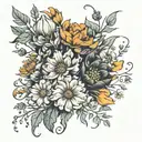marigold and cosmos flower bouquet tied tattoo design idea