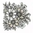 marigold and cosmos flower bouquet tied tattoo design idea