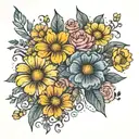 marigold and cosmos flower bouquet tied tattoo design idea