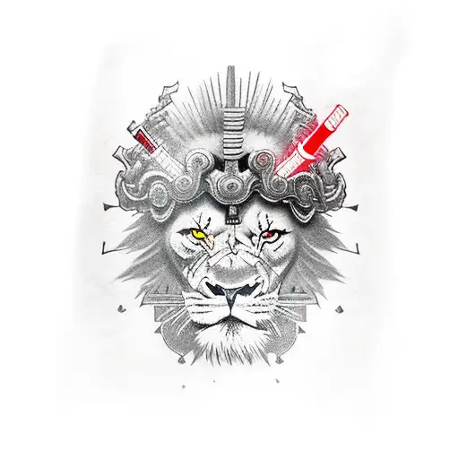 full body samurai with lion face robed. black and white with Honolulu blue highlights. red katana lightsaber full sleeve tattoo design idea