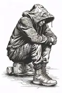 hoodie man sitting depressed on side walk tattoo design idea