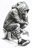 hoodie man sitting depressed on side walk tattoo design idea