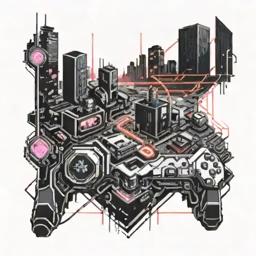 A futuristic cyberpunk cityscape with neon lights and gaming references intertwined, featuring the number 33 in a subtle yet prominent way tattoo design idea