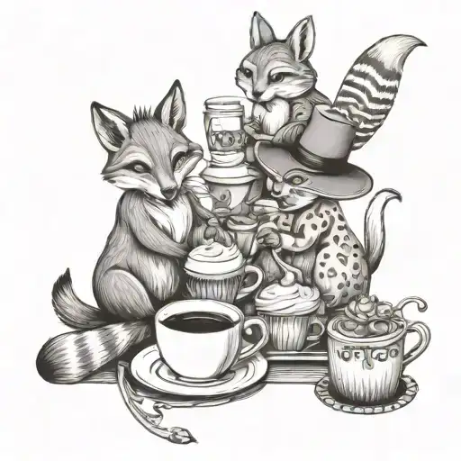 A whimsical design of animals like a fox, owl, and rabbit enjoying a coffee party tattoo design idea