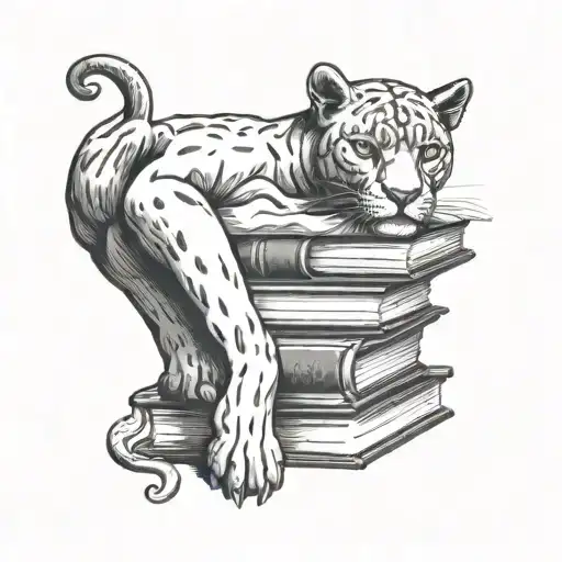 A panther curled up with a stack of books beside it tattoo design idea