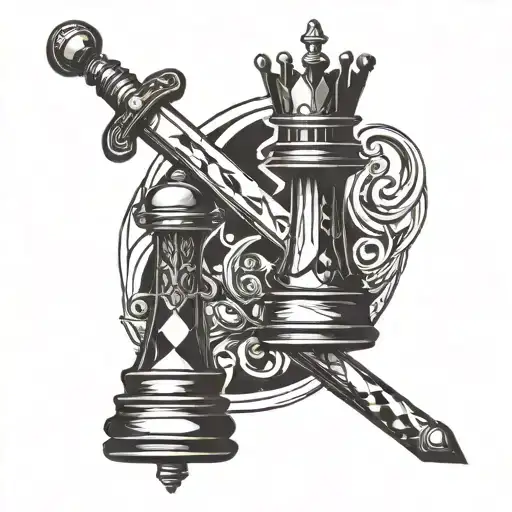 a piece of a king in chess and a sword behind the piece, only king and sword is vertical  tattoo design idea
