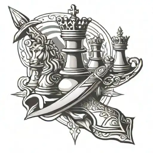 a piece of a king in chess and a sword behind the piece tattoo design idea