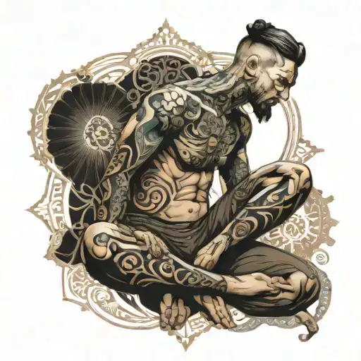 tattoo on the arm, in the center sits a man in the lotus position, and around the fractal decorations in the style of sp tattoo design idea