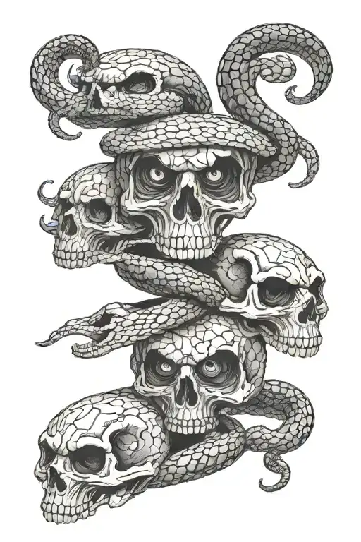 snake passing through the eye sockets of 3 skulls that read real eyes real lies and realize  tattoo design idea