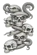 snake passing through the eye sockets of 3 skulls that read real eyes real lies and realize  tattoo design idea
