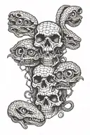 snake passing through the eye sockets of 3 skulls that read real eyes real lies and realize  tattoo design idea