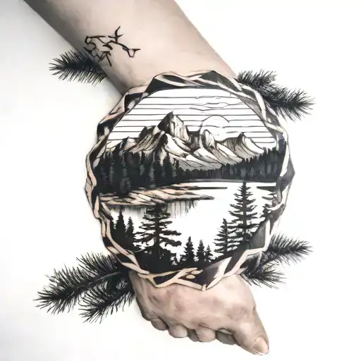 A realistic blackwork forearm tattoo of a rugged mountain range, a dense pine forest, and a tranquil lake at sunset tattoo design idea