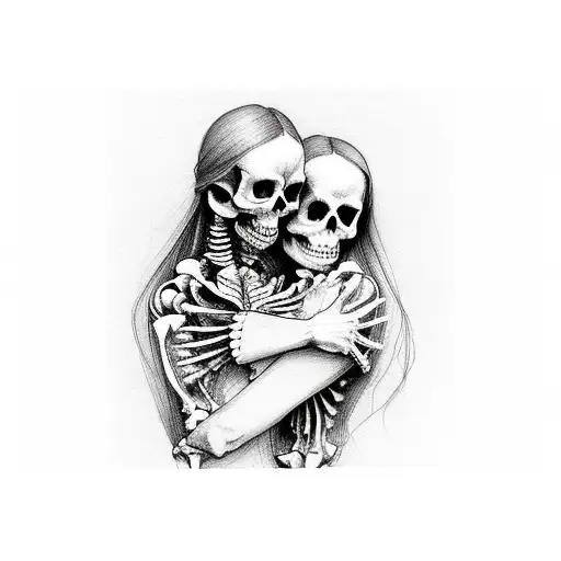 huddled girl hugged by a skeleton tattoo design idea
