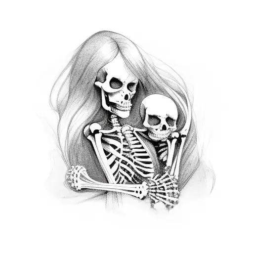  curled up girl hugged by a skeleton on the side tattoo design idea