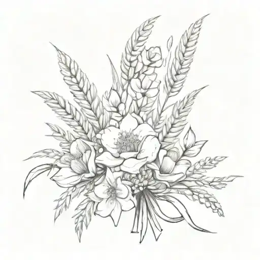 A small flower bouqet of wheat, daffodils, and poppies tied with a small bow tattoo design idea